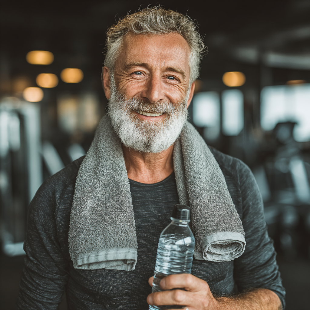 Hombre de 62 años sonriendo después de completar su primera clase de prueba, sosteniendo una toalla y botella de agua en un ambiente de gimnasio acogedor
