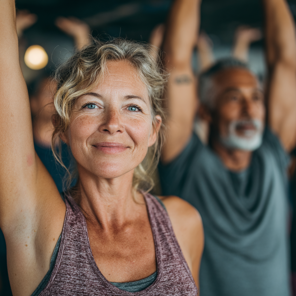 Grupo de personas de 50-60 años haciendo ejercicios de estiramiento en una clase grupal, ambiente relajado y profesional