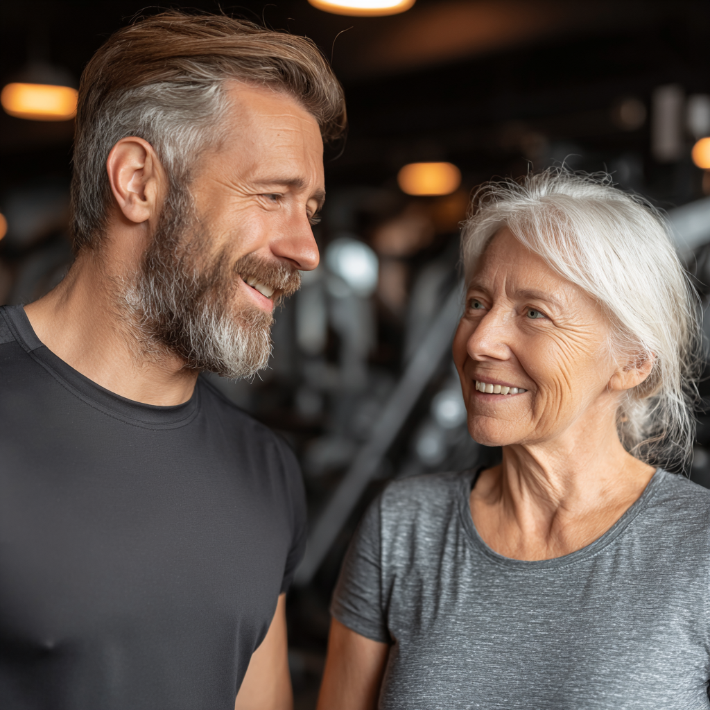 Entrenador personal trabajando uno a uno con una mujer de 58 años en un gimnasio, ambiente profesional y motivador