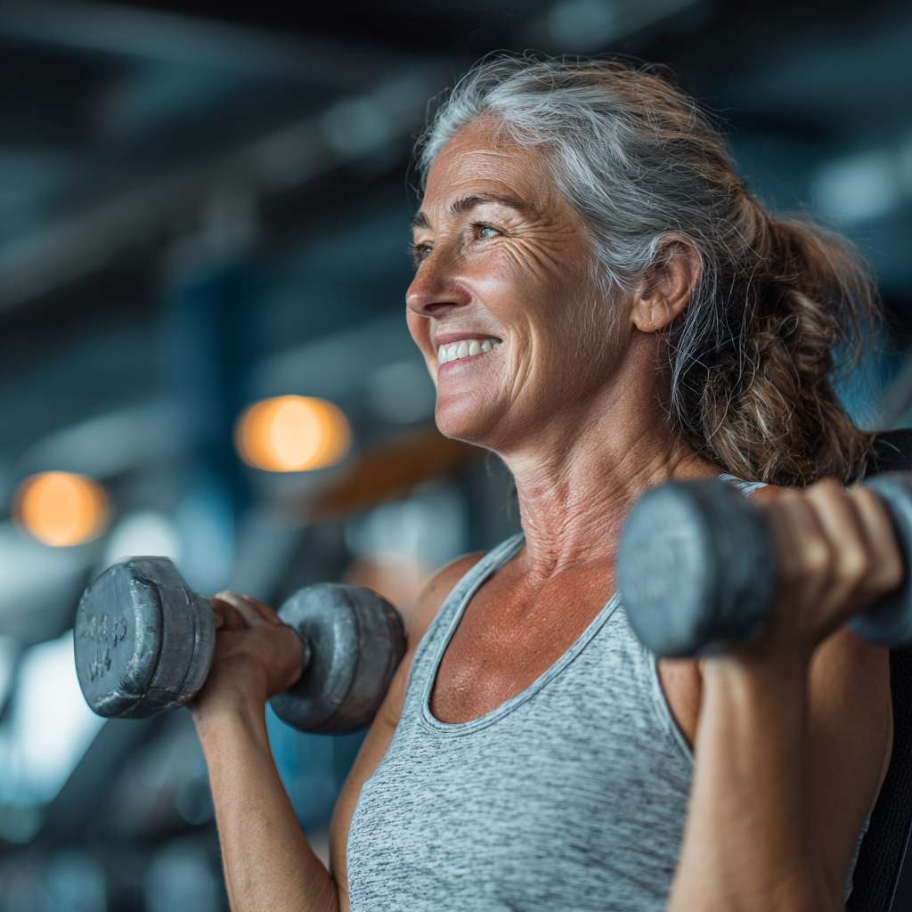 Mujer de 55 años sonriente levantando pesas ligeras en un gimnasio moderno, mostrando determinación y fuerza